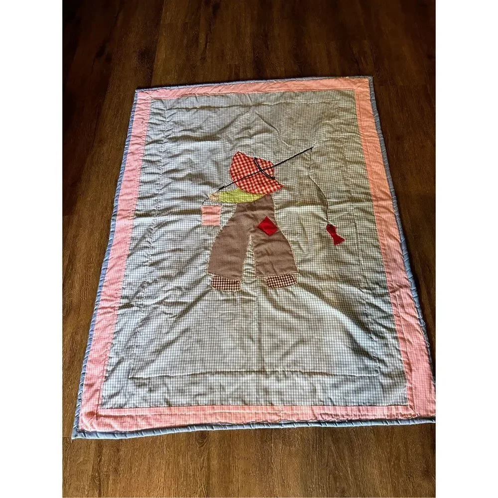 Vintage Handmade Plaid Fishing Child Quilt Blanket Decor 49”x37” Multi Color EUC